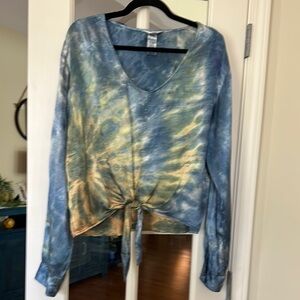 Hard Tail Blue and Yellow Tie-Dye V-Neck Blouse